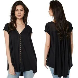 Free People Highland Button Front Tee Black Oversized V-Neck Tunic Top S